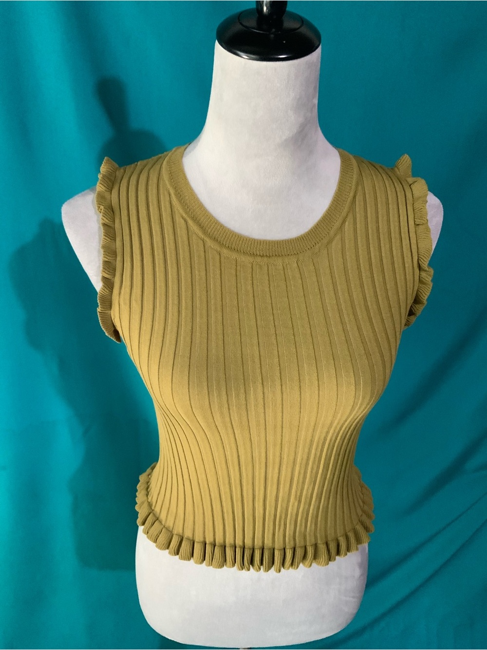 Hem & Thread Mustard Ribbed Sleeveless Top with Ruffle Trim
